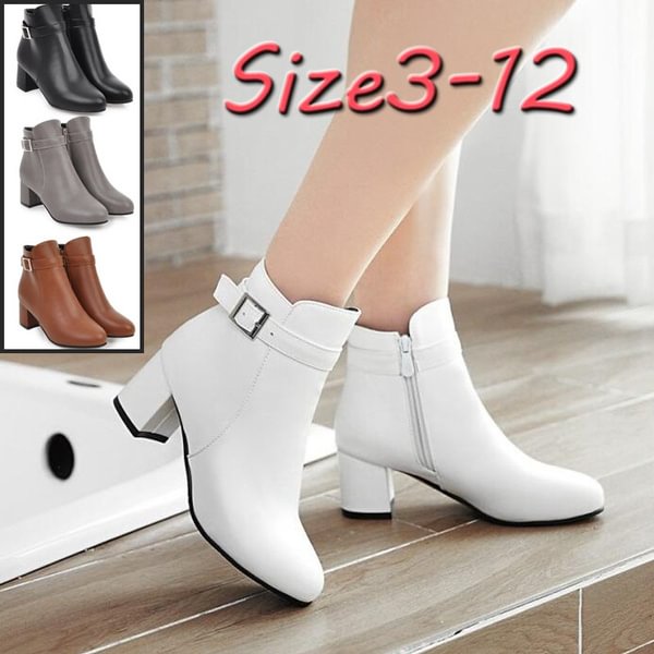 Autumn Winter New Arrive Women Boots Black White Gray Brown Ladies Boots Round Toe Buckle Zipper High Heel Ankle Boot - Life is Beautiful for You - SheChoic