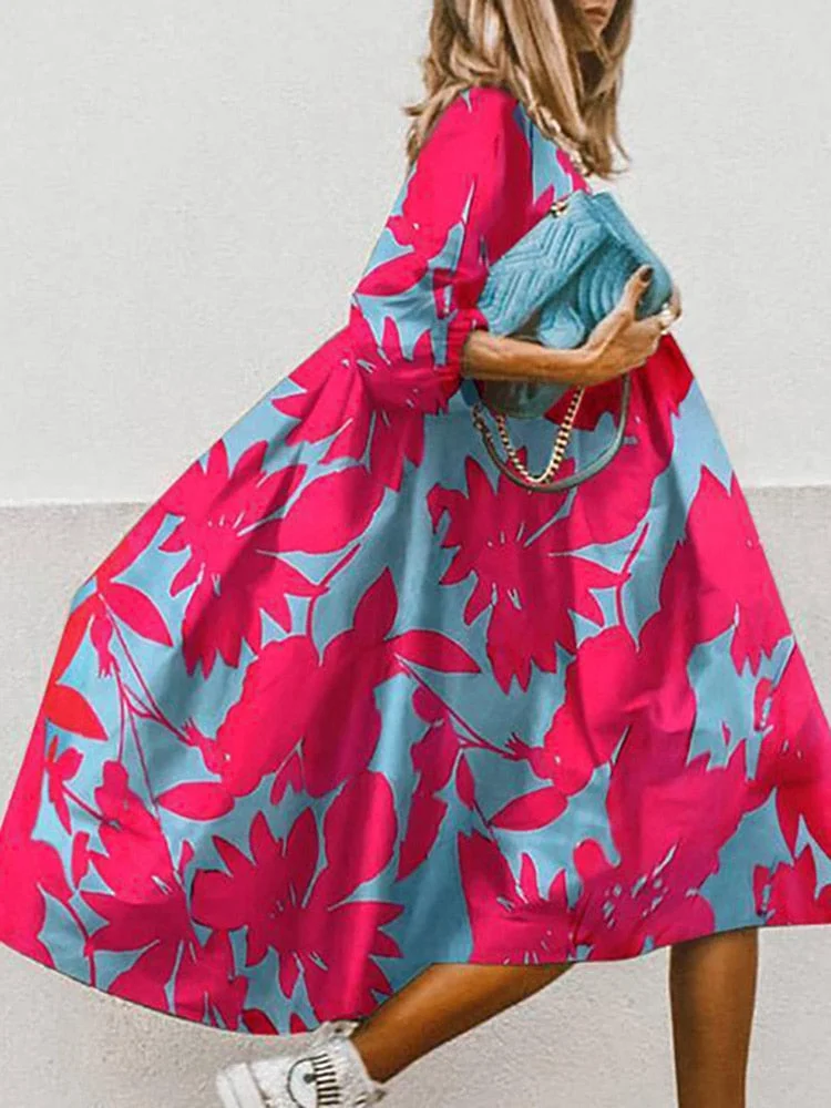 Women Vintage O-neck Floral Print Loose A-Line Dress Half Sleeve Party Dress Autumn Elegant Fashion Ladies Dresses Vestidos 2022