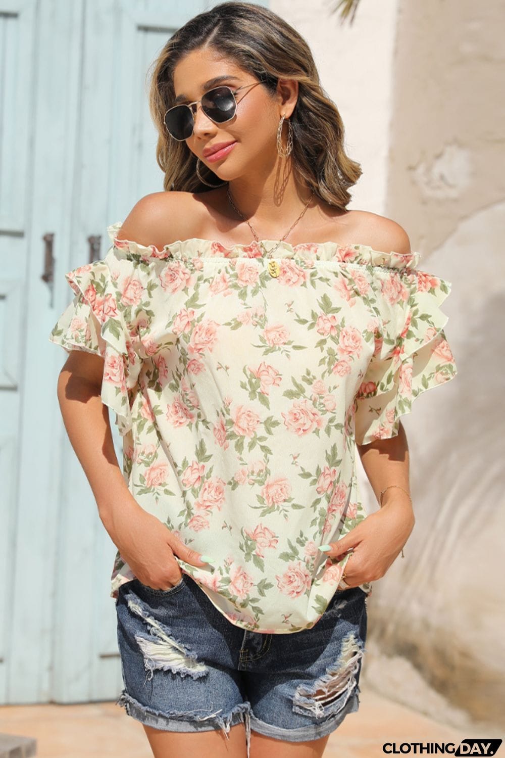 Floral Frill Trim Off-Shoulder Blouse