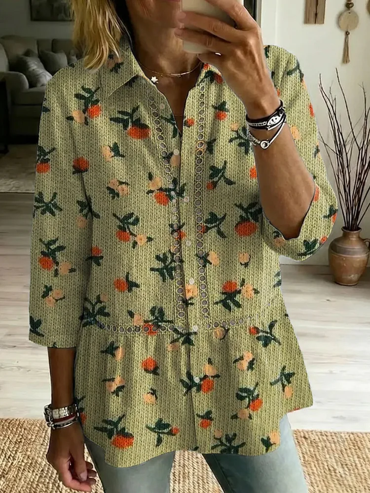 Women's Retro Floral Art Print Casual Lapel Cotton Shirt