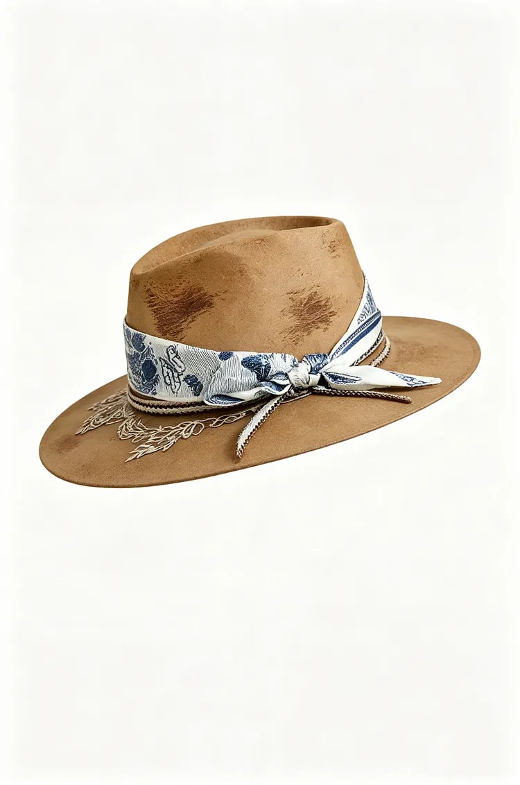 Khaki wool-blend fedora with a wide, flat brim and a silk scarf tie.