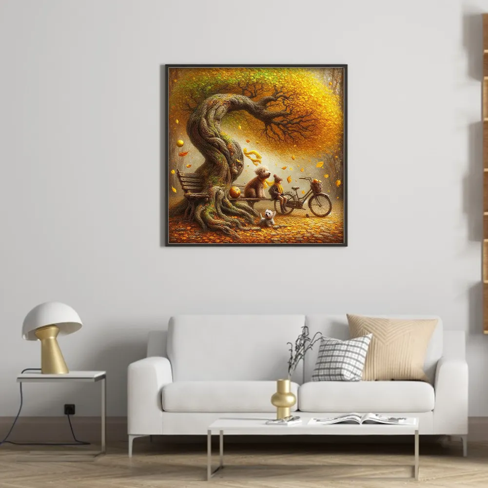 Full Round Diamond Painting 40*40cm - Dog And Family Under The Big Tree In Autumn
