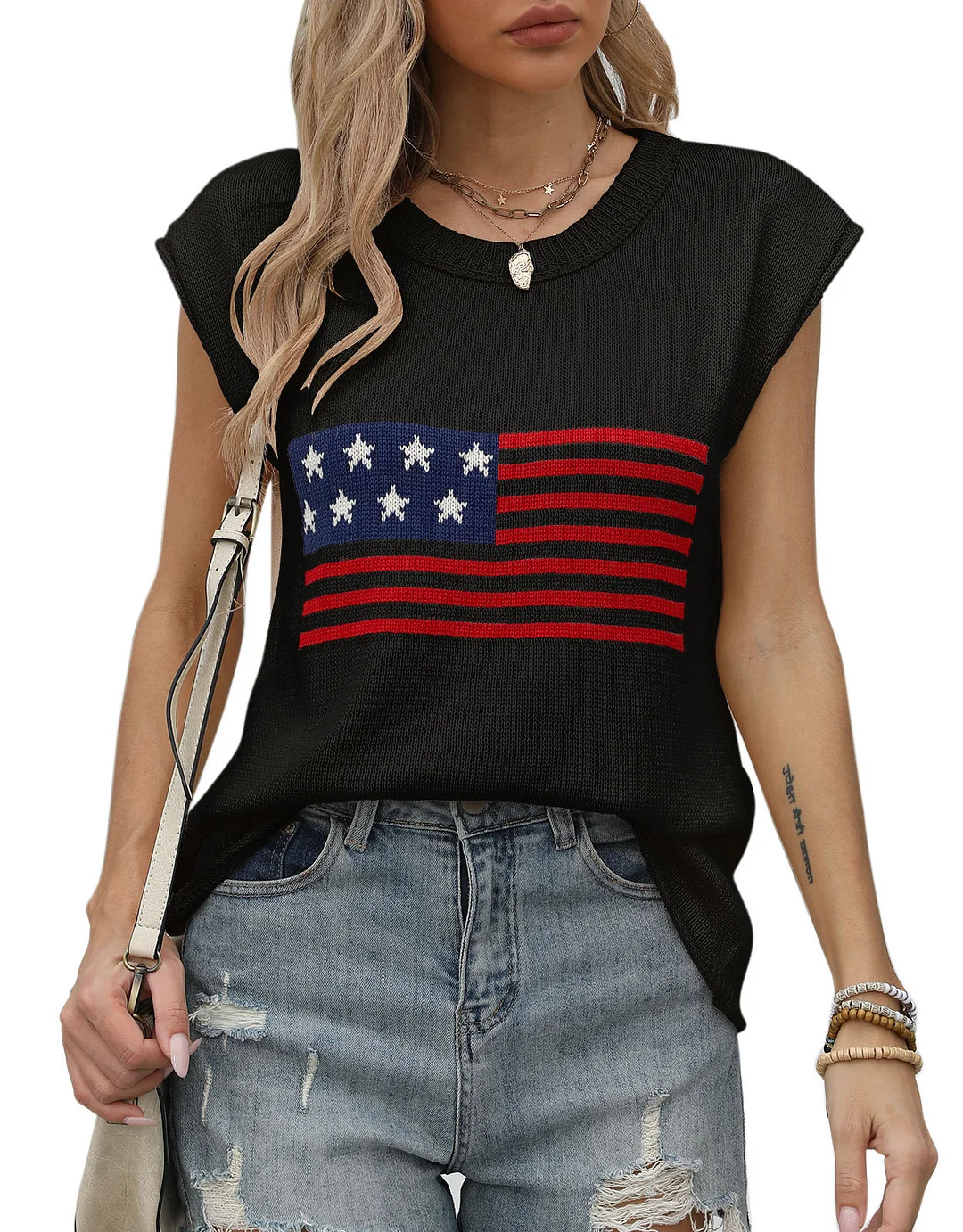 Athvotar Athvotar New Hot Independent Yen Collar Flag Top Solid Color Knit Shirt Short-Sleeved Sweater Woman