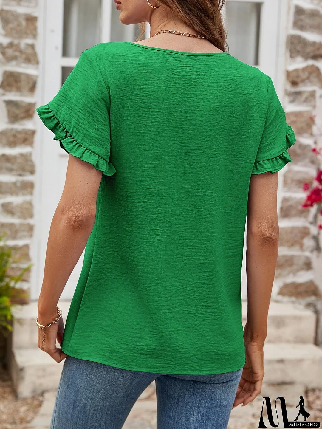 MidiSono - Textured Petal Sleeve Round Neck Tee