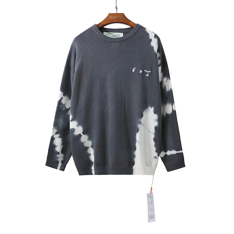 Off White Fleece Sweatshirts Autumn and Winter Tie-Dyed Embroidery Knitted Sweater for Men and Women
