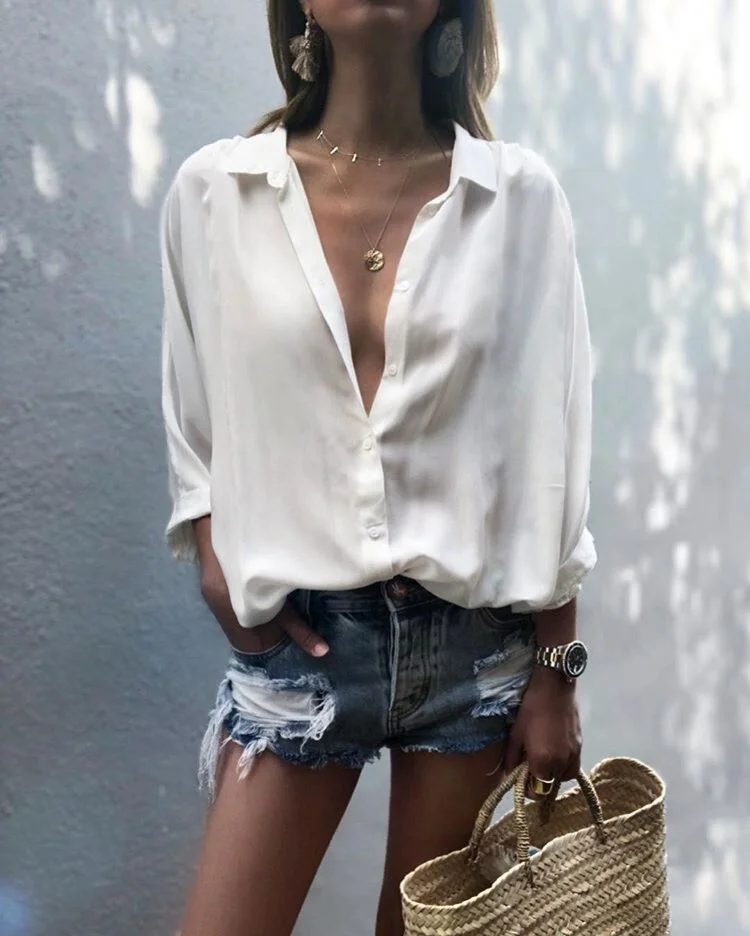 Deep V-neck Button Chiffon Shirt