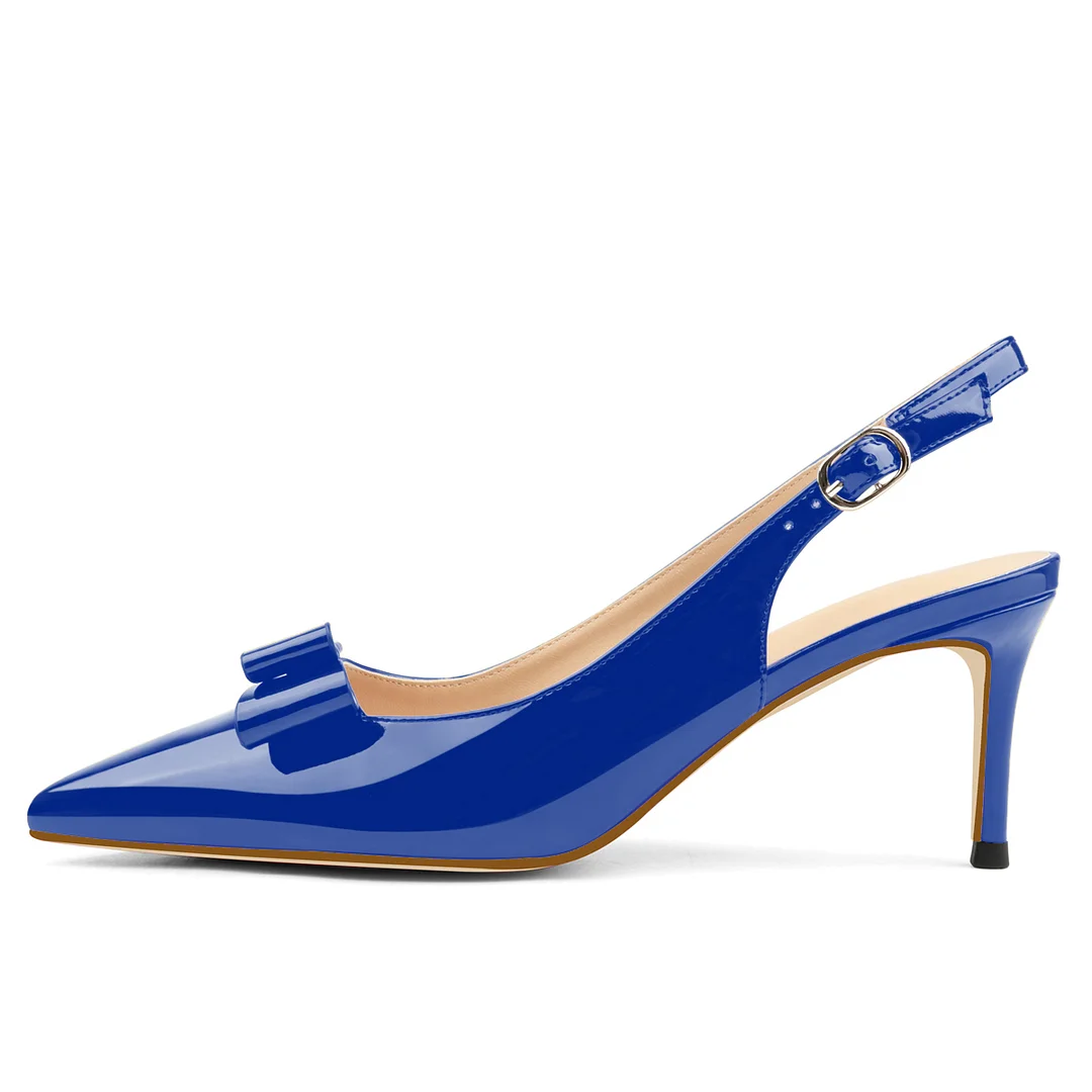 6.5cm /2.55 inch Pointed Toe Bows Slingback Buckle Pumps Kitten Patent Heels