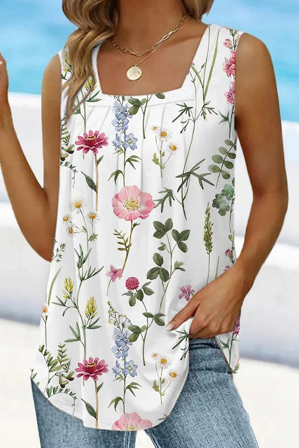 Flycurvy Plus Size Casual White Fold Floral Print Square Neck Tank Top