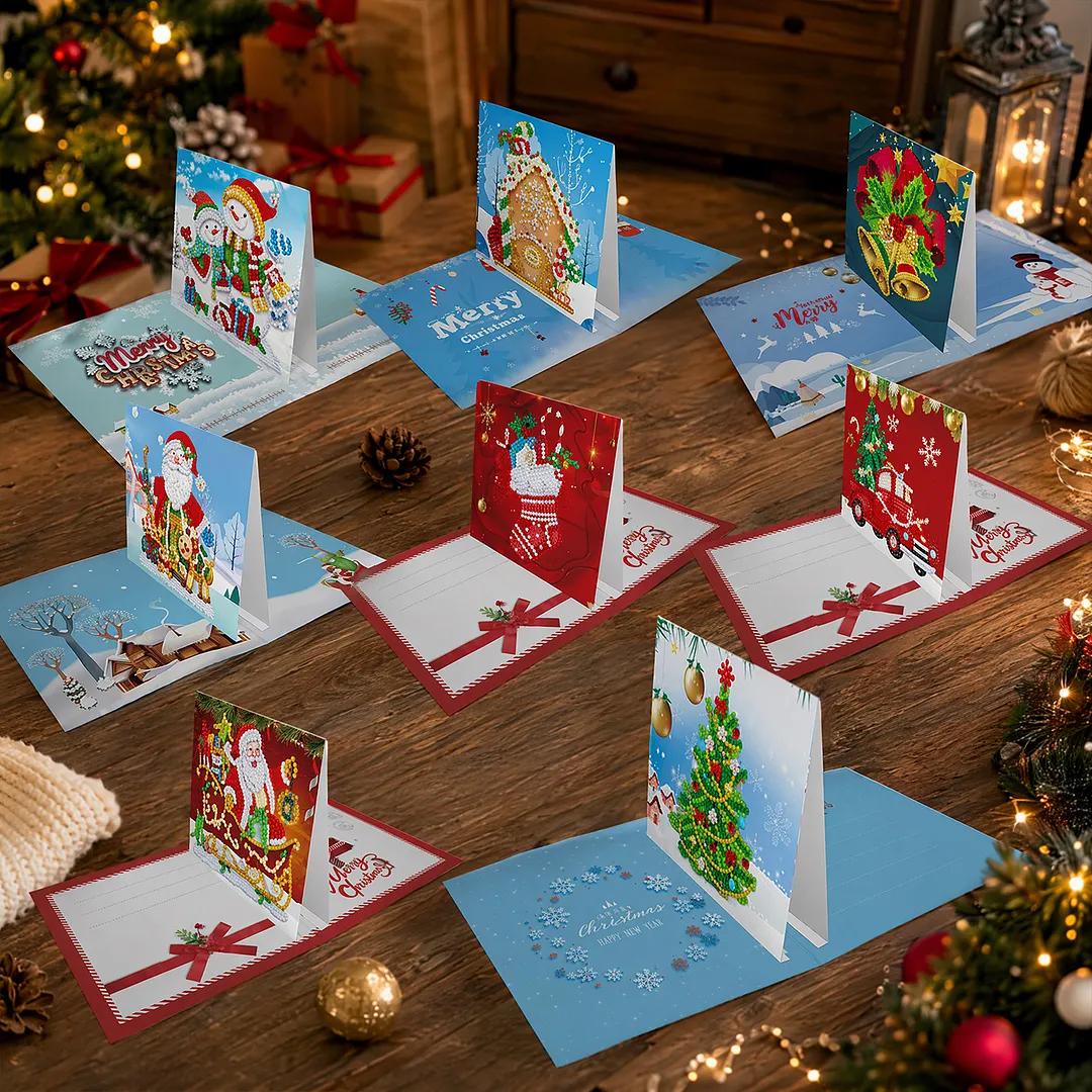 8PCS Merry Chrismas DIY Diamond Painting Greeting Card Kits with Envelopes Diamond Art Greeting Cards Diamond Art Cards Kits for Adults DIY Crafts Family Friend Gifts