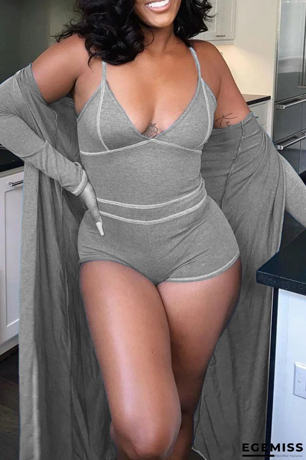 Grey Sexy Solid Patchwork V Neck Long Sleeve Two Pieces | EGEMISS