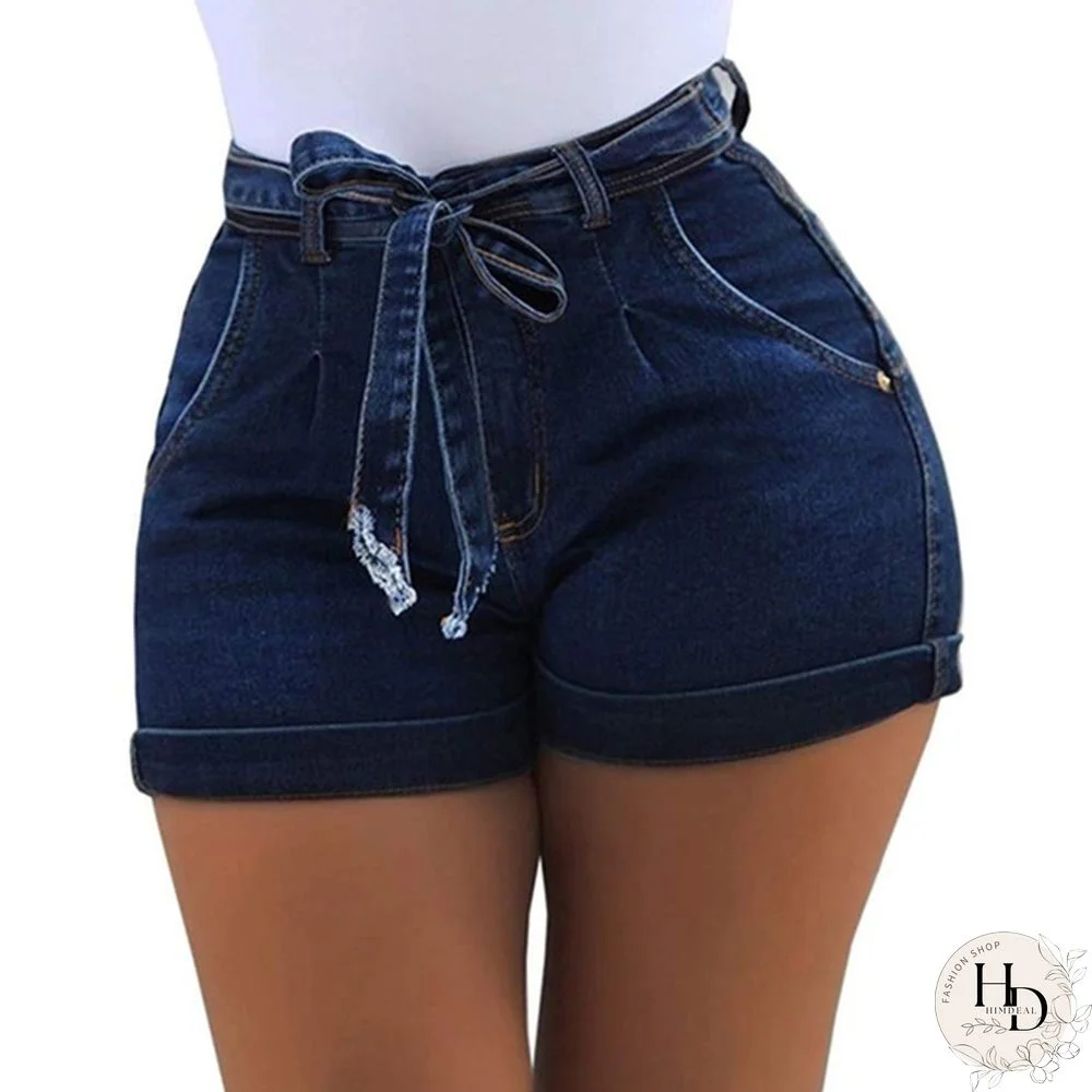 Women's mid-Waist Denim Belt Washed Denim Shorts Slim fit Casual Classic Shorts Jeans Summer Denim Shorts
