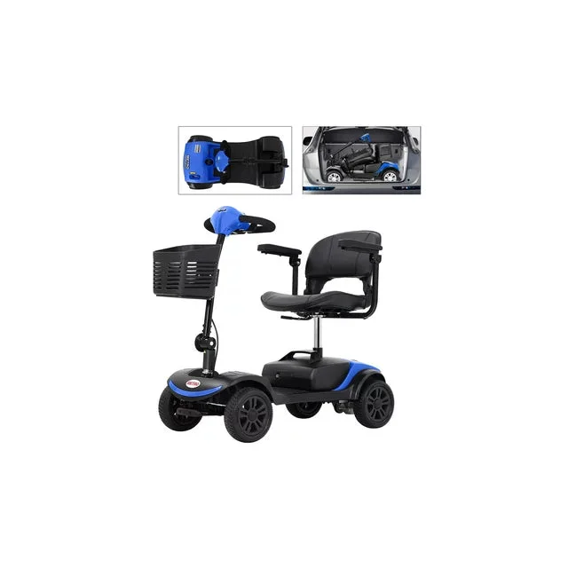Long Range Foldable 4 Wheels Mobility Scooter, Electric Powered Wheelchair Device Compact Heavy Duty for Elderly, Senior, Aged, Adults Power Extended Battery with Charger Basket - Blue