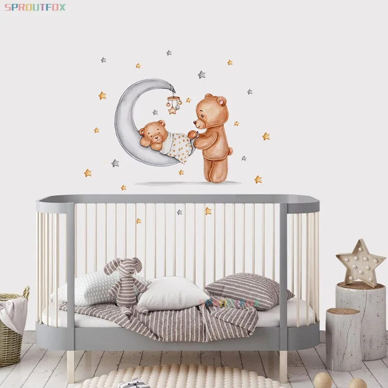 Baby Bear Good Night Wall Stickers For Kids Rooms Children's Room Animal Decorative Sticker Children Wall Stickers Child Vinyl