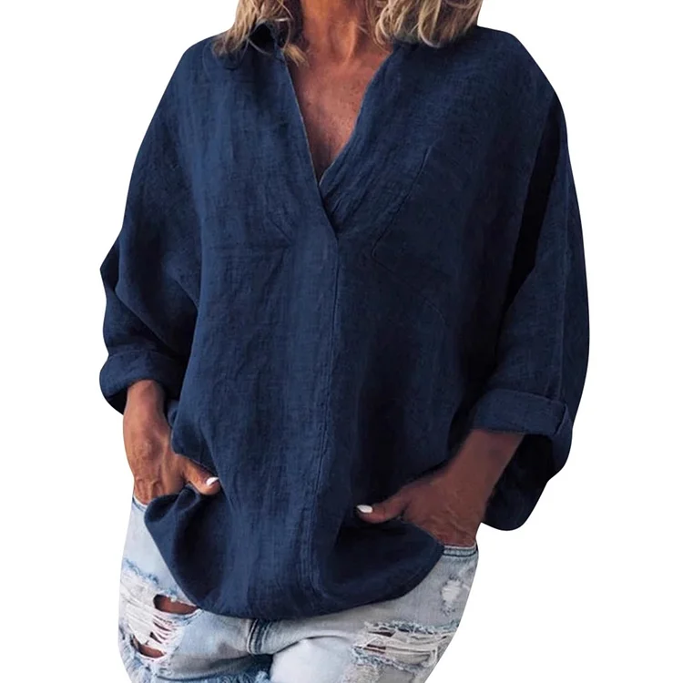 Solid Color Comfy V Neck Long Sleeve Shirt