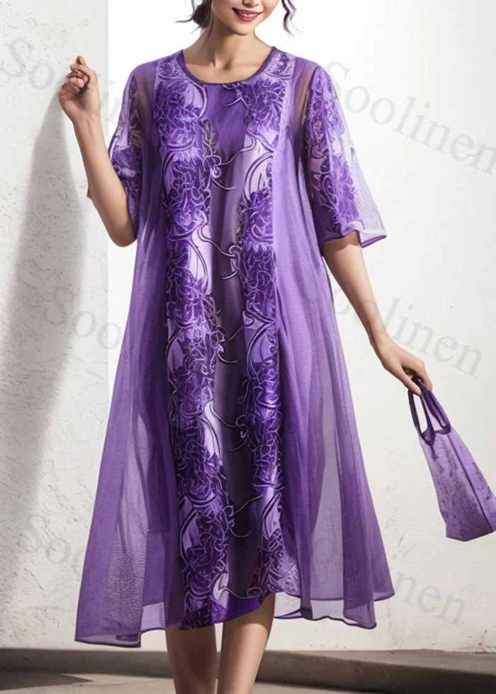 Bohemian Purple Oversized Print Silk Dress Summer