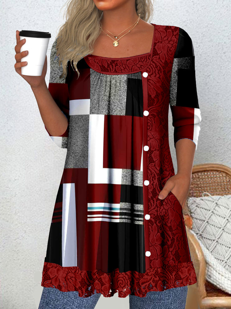 Women's Long Sleeve Scoop Neck Graphic Lace Buttons Top