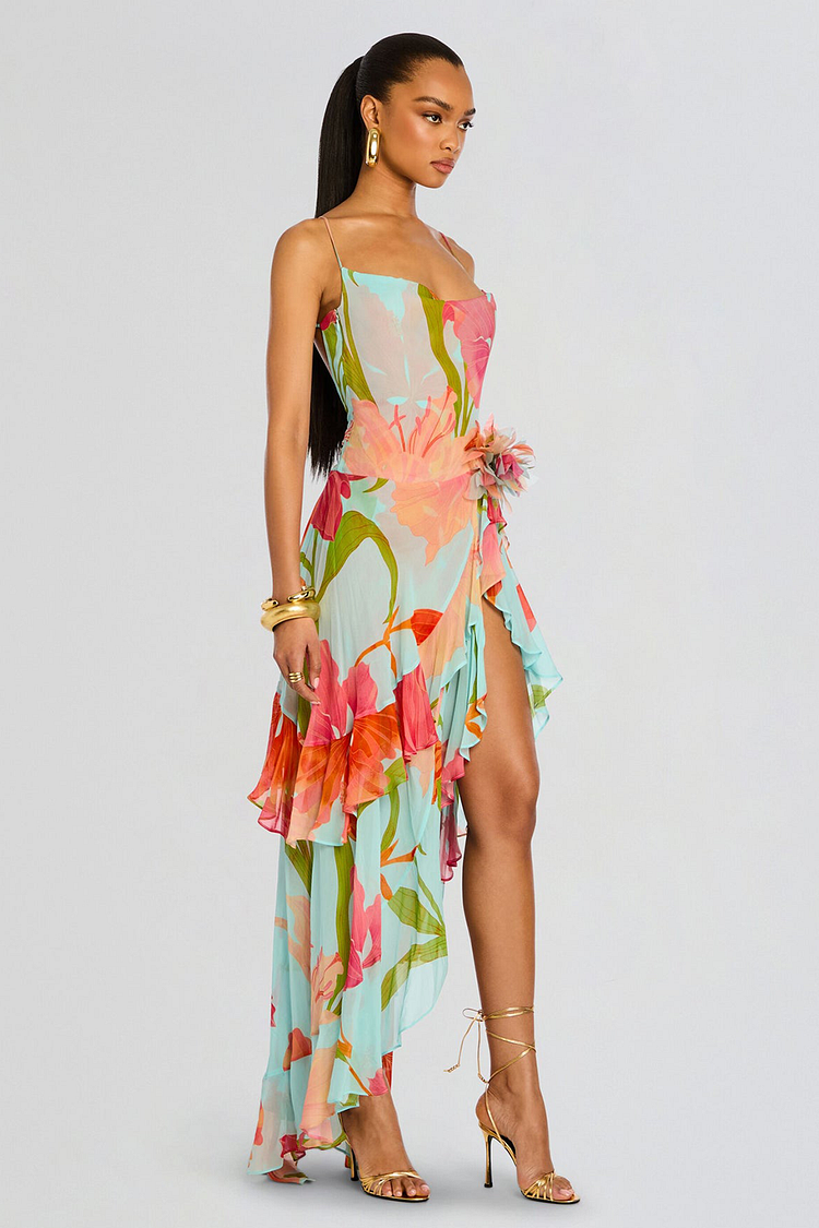 Floral Print Ruffled High Slit Irregular Slip Maxi Dresses-Blue