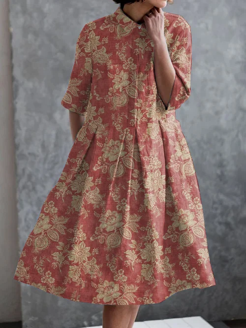 Vintage Floral Print Casual Pocket Half Sleeve Dress