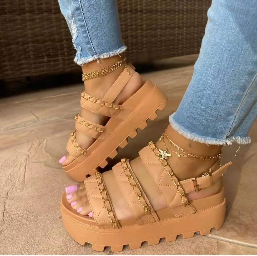 Luxury Trendy Women Sandals Thick Platform Wedges Sandals Heel Pu Leather Metal  Height Increasing Beach Casual  Sandalias Mujer