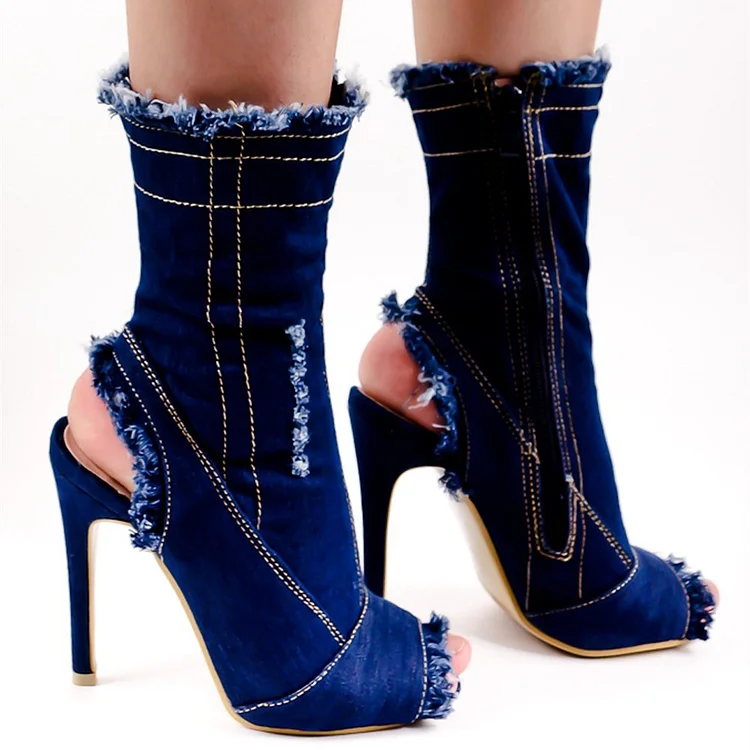 Blue Denim Peep Toe Slingback Ankle Boots - Fashionable and Chic! Vdcoo
