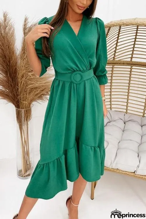 Ruffles V Neck Half Sleeve Dress