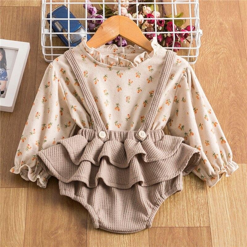 Long Sleeve Girls Spring Clothing Floral 12M Baby Girls Clothes Sets 2pcs Linen Cotton Outfits For Toddler Girls Suspender Skirt