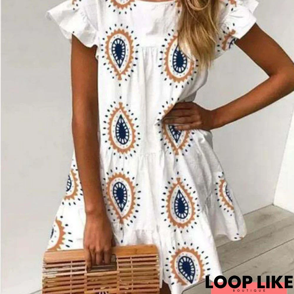 Women's Printed Dress With Ruffled Short Sleeves Plus Size Skirt