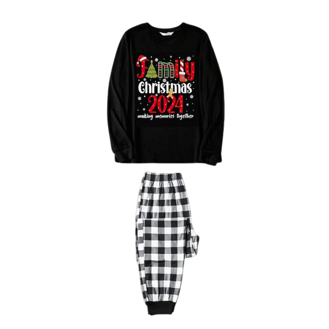 Cute "Family Christmas 2024" Text Print Black and White Plaid Family Matching Pajamas