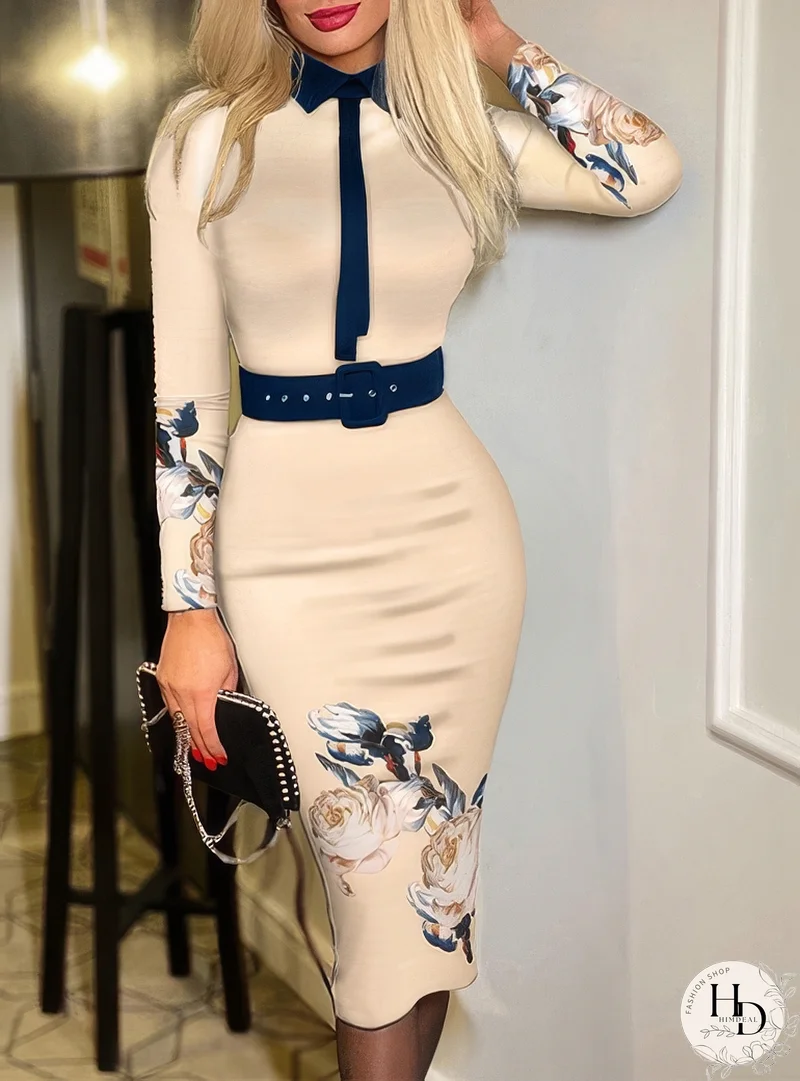 Mujer Estampado Lápiz Vestido Midi Manga Larga / Detalles de Lazo