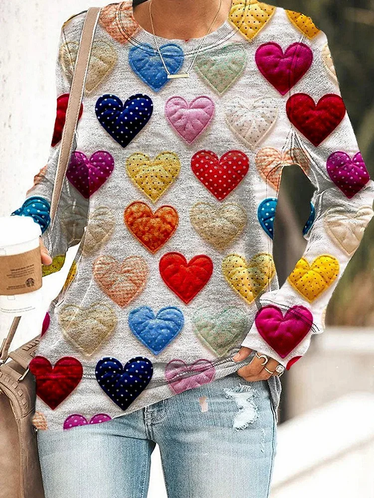 Women's Colorful Heart Shaped Print Sweatshirt