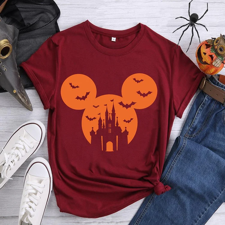 Halloween Mickey Castle Horror Atmosphere Round Neck T-shirt-0019022