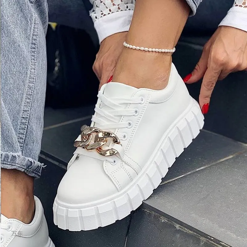 Summer Women Trend Design Flat Sneaker Platform Thick Sole Chain Decoration Lace Up Solid Quality Leather Shoes Ladies Female