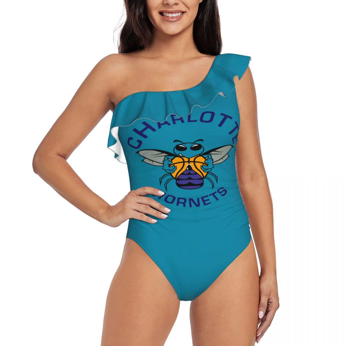 Charlotte Hornets One Shoulder Ruffle Bathing Suit