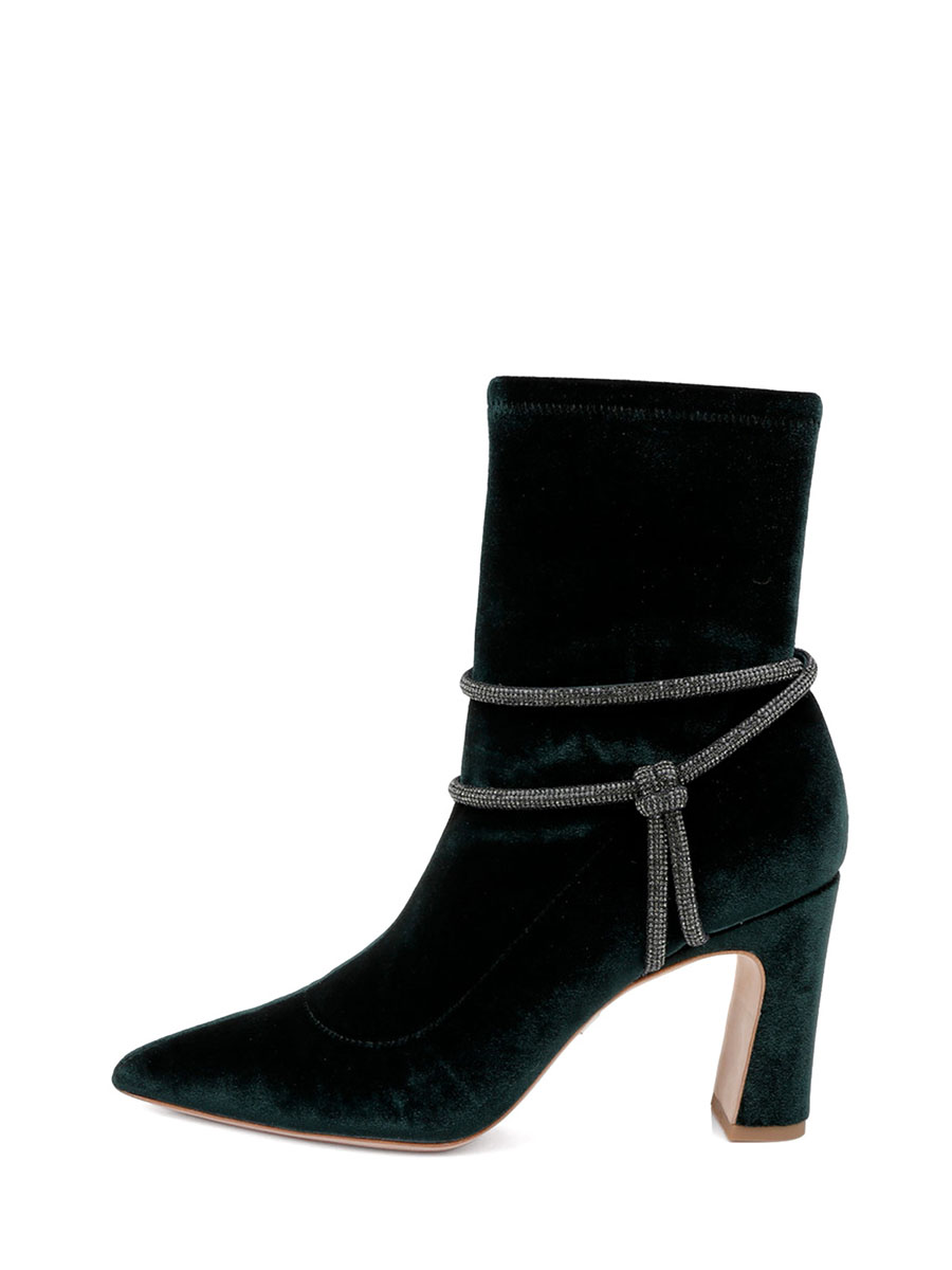 Classy Dark Green Velvet Rhinestone Strappy Chunky Heel Ankle Boots