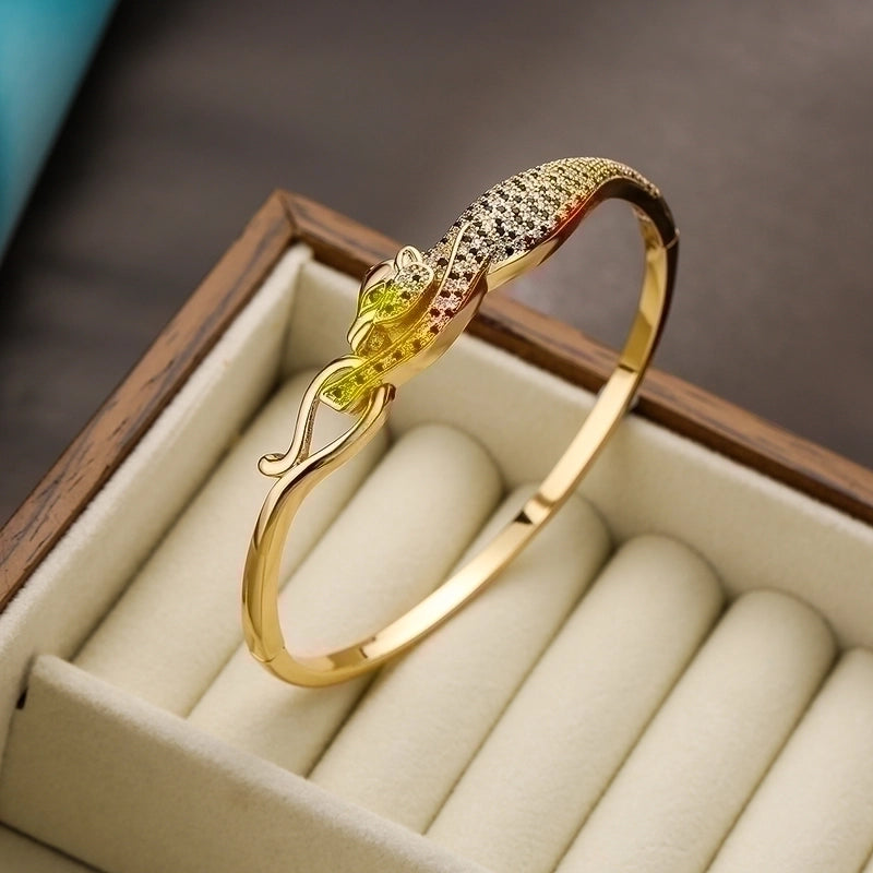 2 Pieces Hip-hop Leopard Copper 18k Gold Plated Pearl Zircon Bangle In Bulk