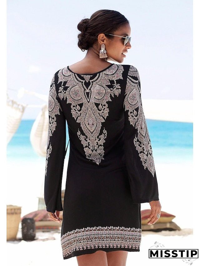 Line Dress Knee Length Black Long Sleeve Print Lace Summer Spring Neck Elegant Winter Fall