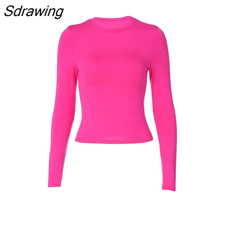 Sdrawing Women's Basic Long Sleeve Crop Top Solid Color Crew Neck Cozy Stretchy Slim Fitted Cropped T Shirts Pullover Streetwear