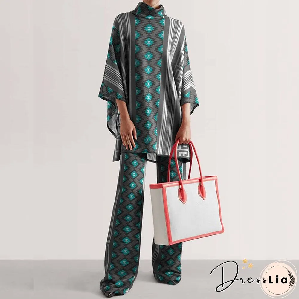 Autumn Women Elegant Printed Loose Outfits Fashion Turtleneck Tops And Long Pants Suits Winter Casual Half Sleeve Two Piece Sets