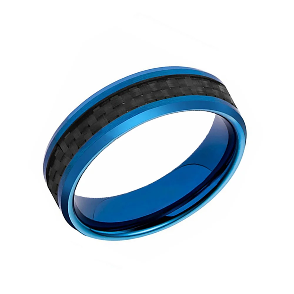 6MM 8MM Blue Tungsten Carbide Mens Rings Black Carbon Fiber Inlay Polished With Beveled Edge