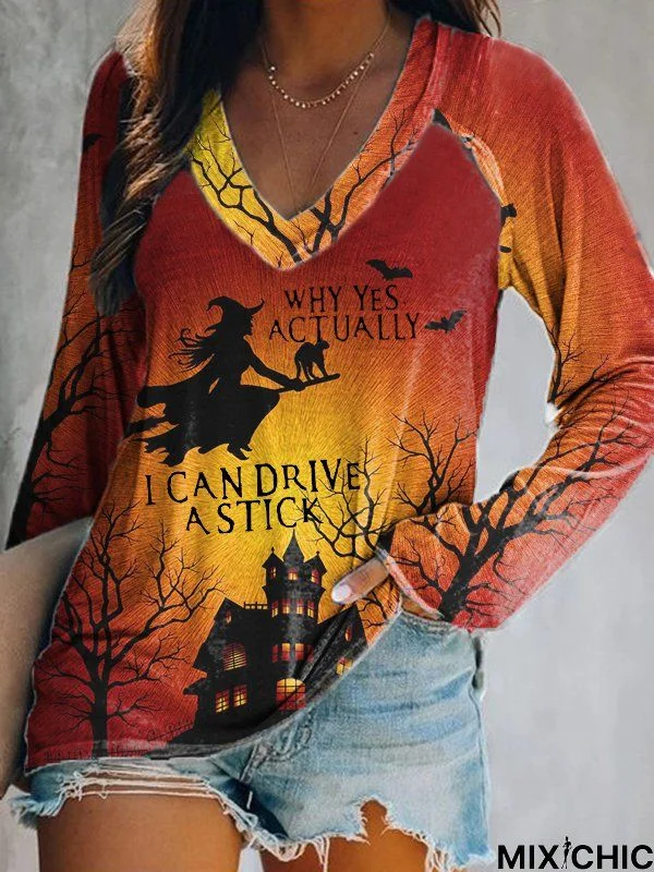 Halloween Printed V Neck Casual Tunic T-Shirt