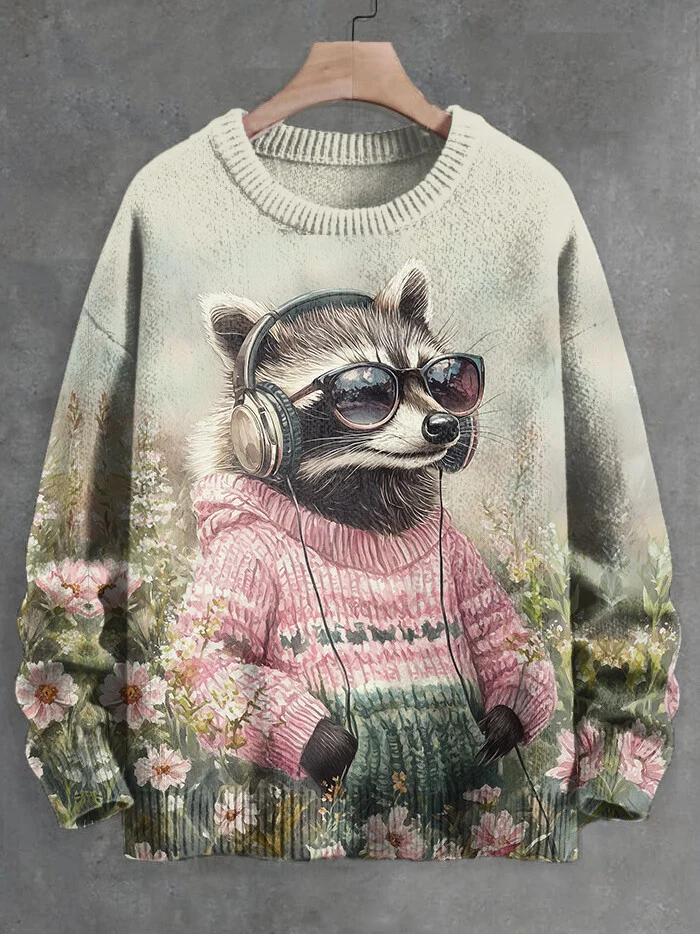 Men's Pink Sweater Raccoon Listening To Music Among The Flowers Art Print Knit Sweatshirt