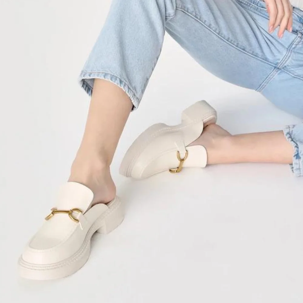 White Leather Mules With Platform Chain Decor Flats Nicepairs