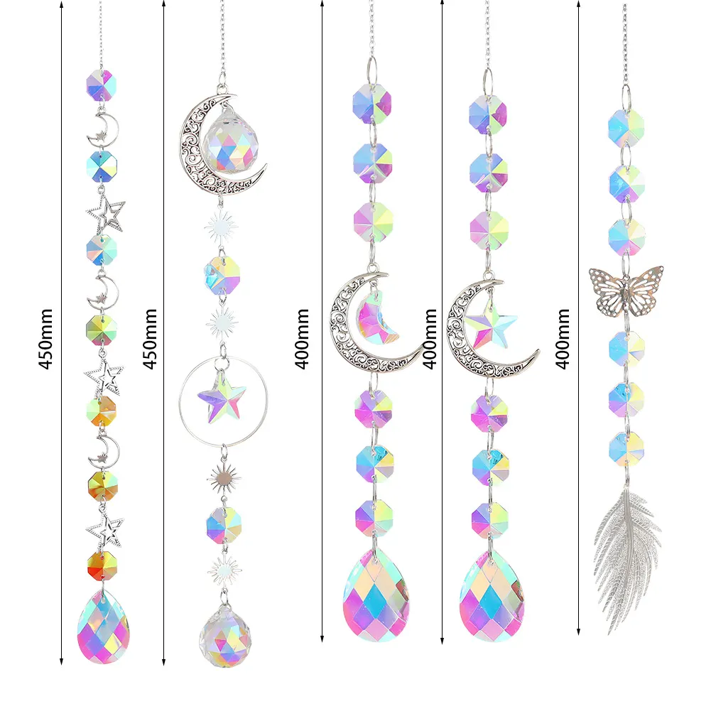 Crystal Windchime Ornament Hexagonal Feather Butterfly Hanging Wall Pendant