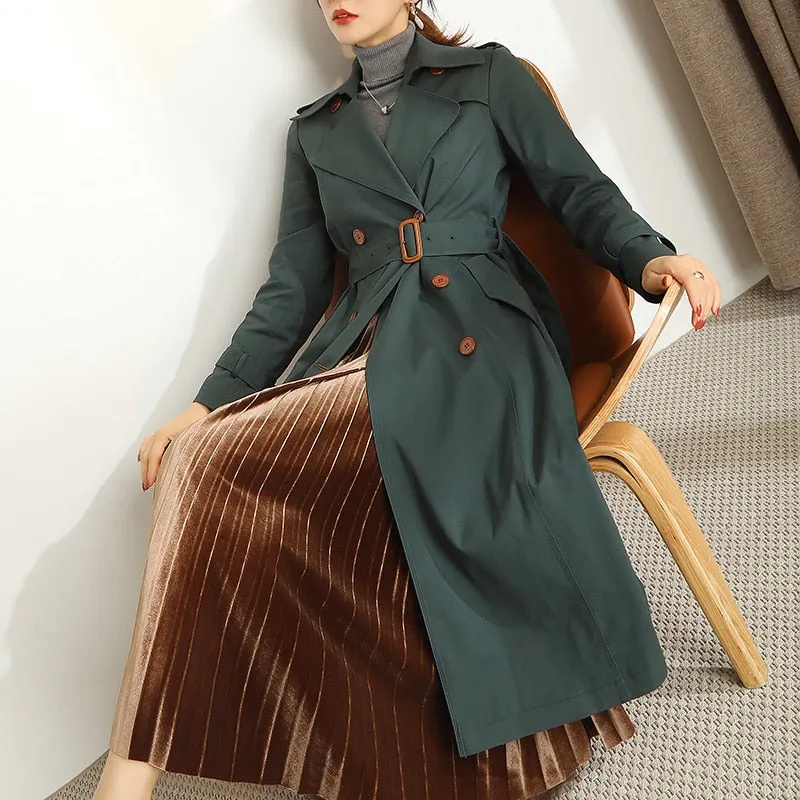 Dark Green Windbreaker Womens Long Spring and Autumn New British Style Temperament Drape