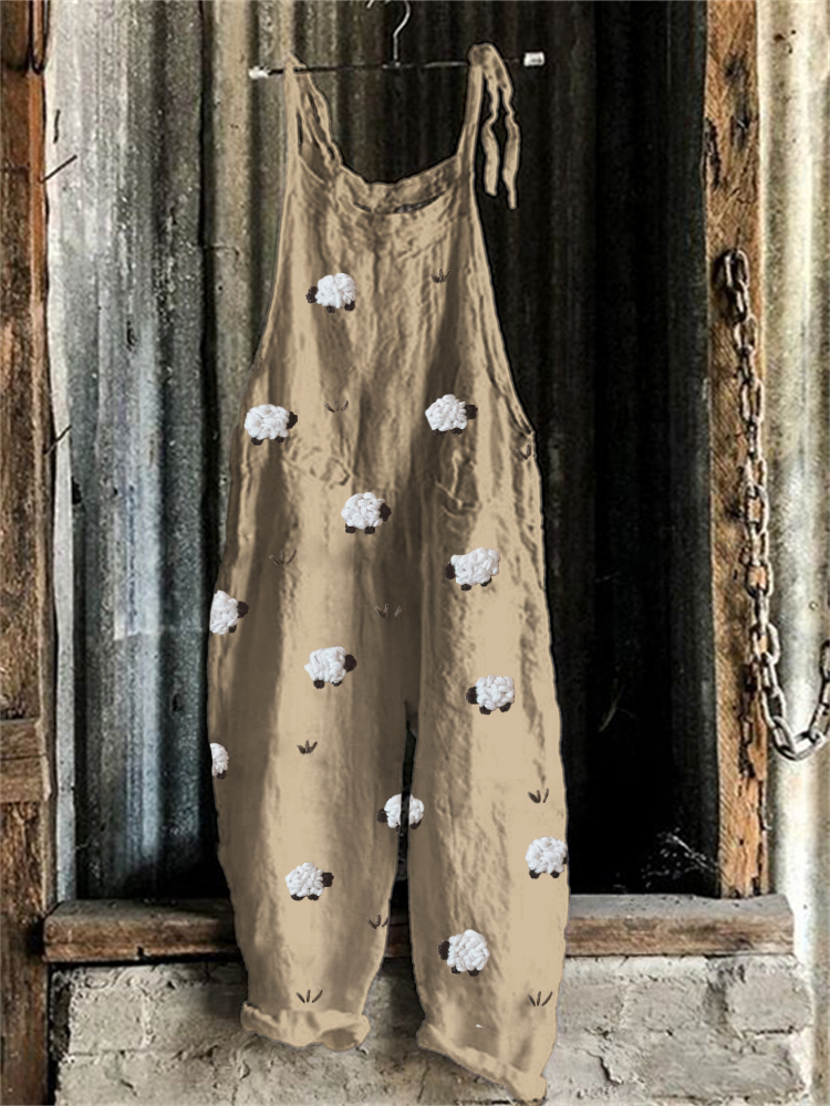 Comstylish Vintage Sheep Embroidery Pattern Jumpsuit