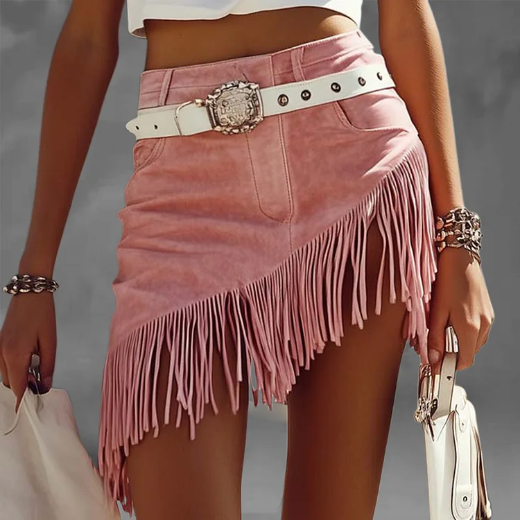 Casual High Waist Tassel Irregular Hem Mini Skirt