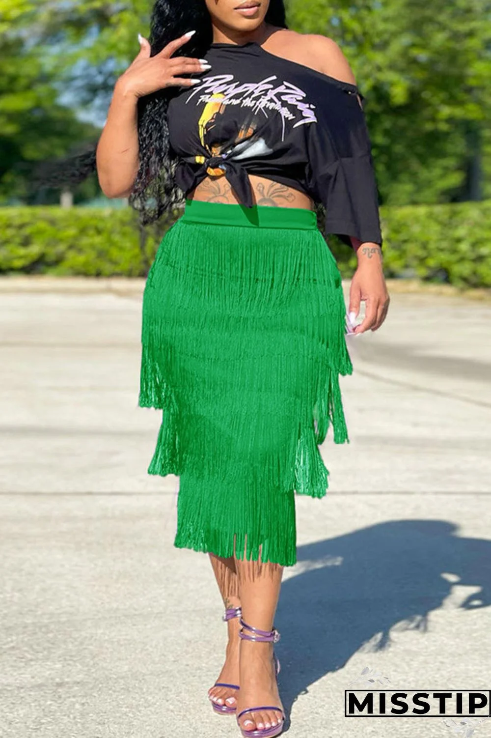 Black Casual Print Tassel Patchwork O Neck Short Sleeve Two Pieces