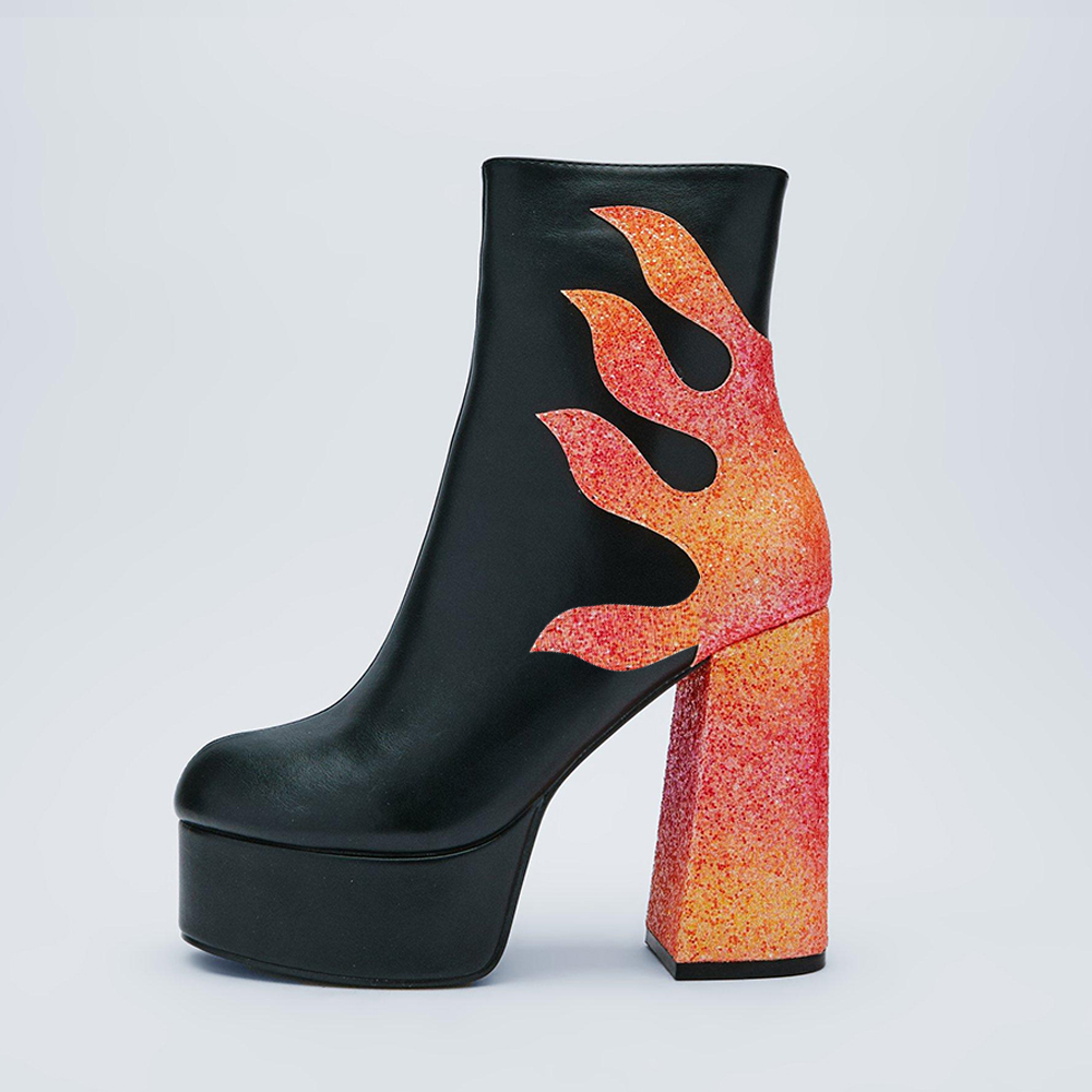Black Round Toe Orange Glitter Splicing Platform Heeled Booties Nicepairs
