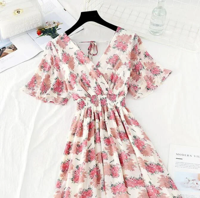 Summer Vintage Floral Chiffon Long Dress Sexy V-neck Ruffle Boho Dresses 2021 Elegant Women Party Short sleeve Dress Vestidos