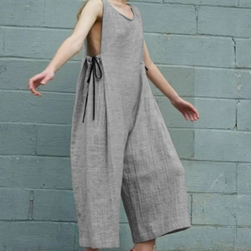 Simple Casual Plain Cotton Linen Jumpsuits Women Spring Crew Neck Straight Office Rompers Summer Sleeveless Side Tie-up Overalls